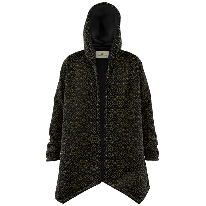 Black and Gold Sacred Geometry Flower Cuddle Cloak | Unisex Minky Sherpa Lined Hooded Coat