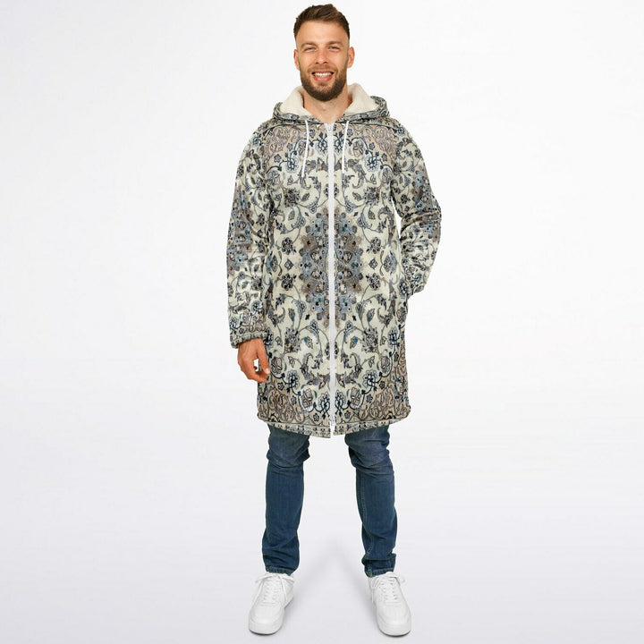 Classic Persian Carpet Cuddle Coat | Nain, Cream and Soft Blue | Unisex Minky Sherpa Lined Coat with Hood, Zipper and Pockets