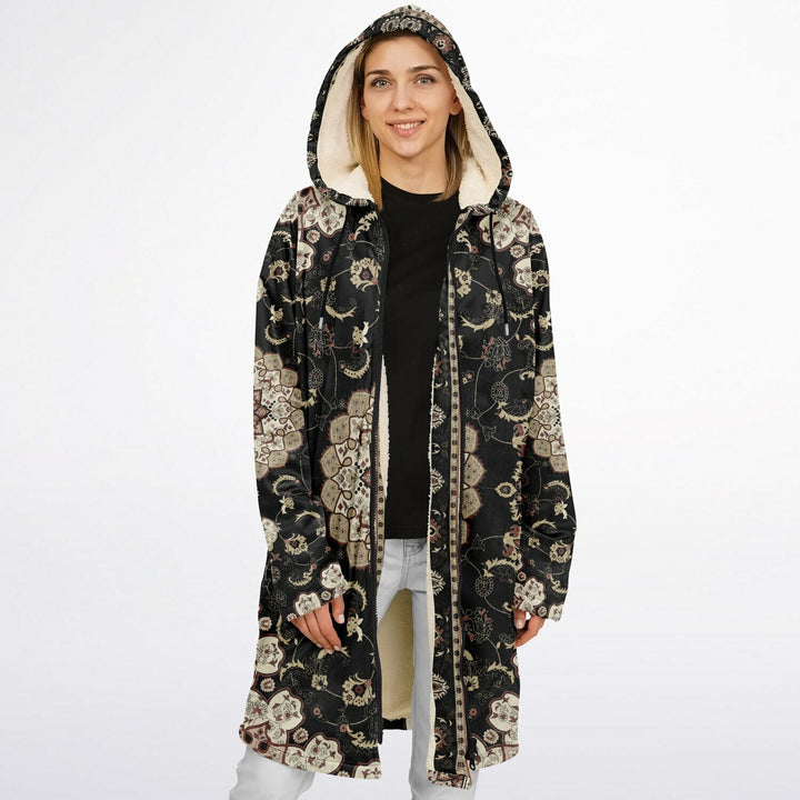 Classic Black Persian Carpet Cuddle Coat | Unisex Minky Sherpa Lined Coat with Hood, Zipper and Pockets