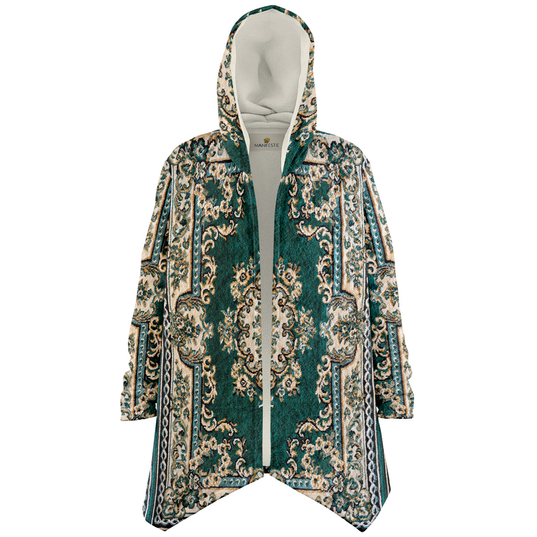 Emerald Green Persian Carpet Cuddle Cloak | Unisex Minky Sherpa Hooded Coat | Women and Mens Festival Coat | Mountain Fashion