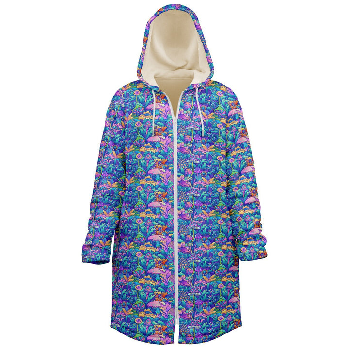 Psychedelic Mushrooms Cuddle Coat | Unisex Minky Sherpa Lined Coat with Hood, Zipper and Pockets