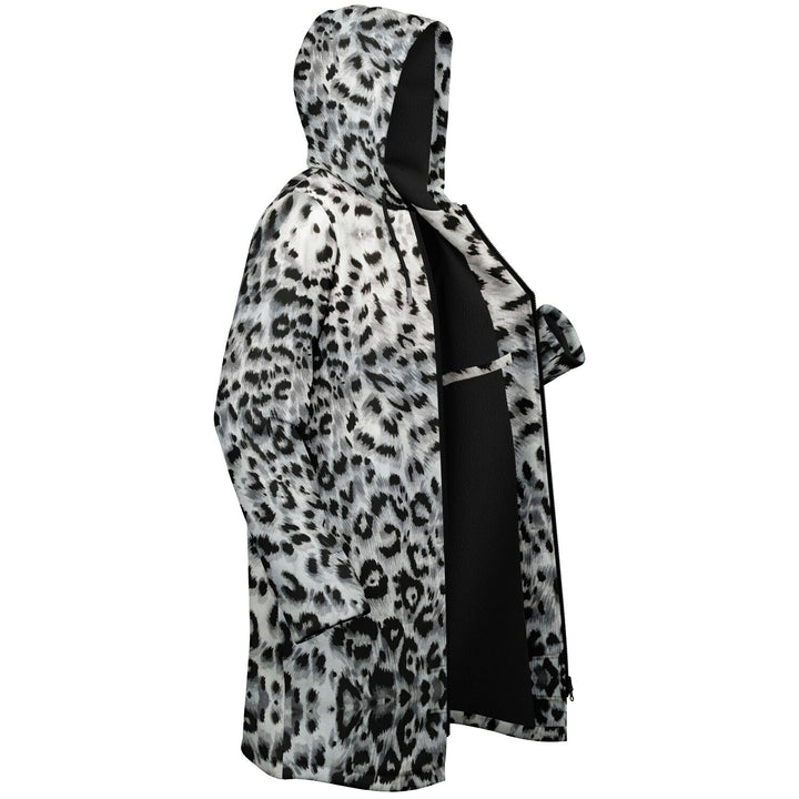 Snow Leopard Cuddle Coat | Unisex Minky Sherpa Lined Coat with Hood, Zipper and Pockets | Women and Mens Festival Coat | Mountain Fashion