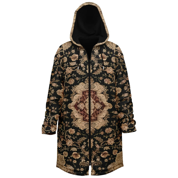 Black and Brown Persian Carpet Cuddle Coat | Unisex Minky Sherpa Lined Coat with Hood, Zipper and Pockets | Women and Mens Festival Coat | Mountain Fashion