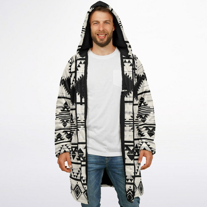 Hawk Eye Tribal Cuddle Coat | Unisex Minky Sherpa Lined Coat with Hood, Zipper and Pockets | Women and Mens Festival Coat | Mountain Fashion