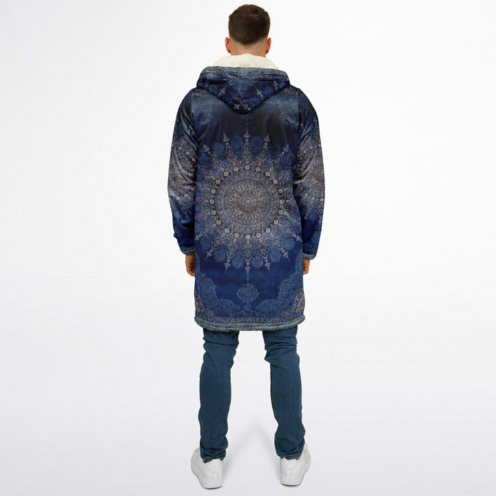 Radial Blue Persian Carpet Cuddle Coat | Unisex Minky Sherpa Lined Coat with Hood, Zipper and Pockets