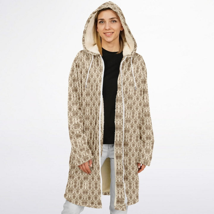 Cream Baroque Cuddle Coat | Unisex Minky Sherpa Lined Coat with Hood, Zipper and Pockets