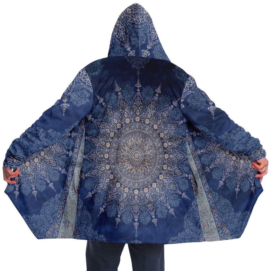 Radial Blue Persian Carpet Cuddle Cloak | Unisex Minky Sherpa Hooded Coat | Women and Mens Festival Coat | Mountain Fashion