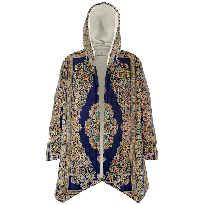 Classic Persian Carpet Cuddle Cloak | Qom, Blue and Gold | Unisex Minky Sherpa Hooded Coat | Women and Mens Festival Coat | Mountain Fashion