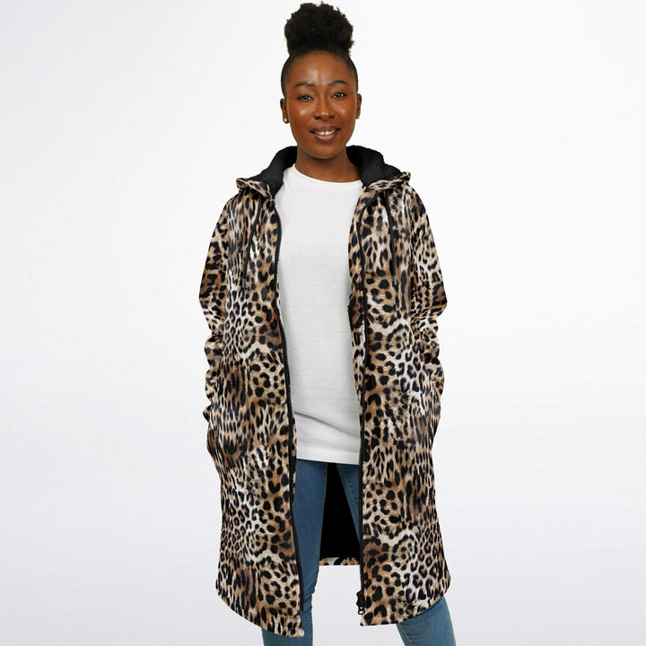 Leopard Print Cuddle Coat | Unisex Minky Sherpa Lined Coat with Hood, Zipper and Pockets