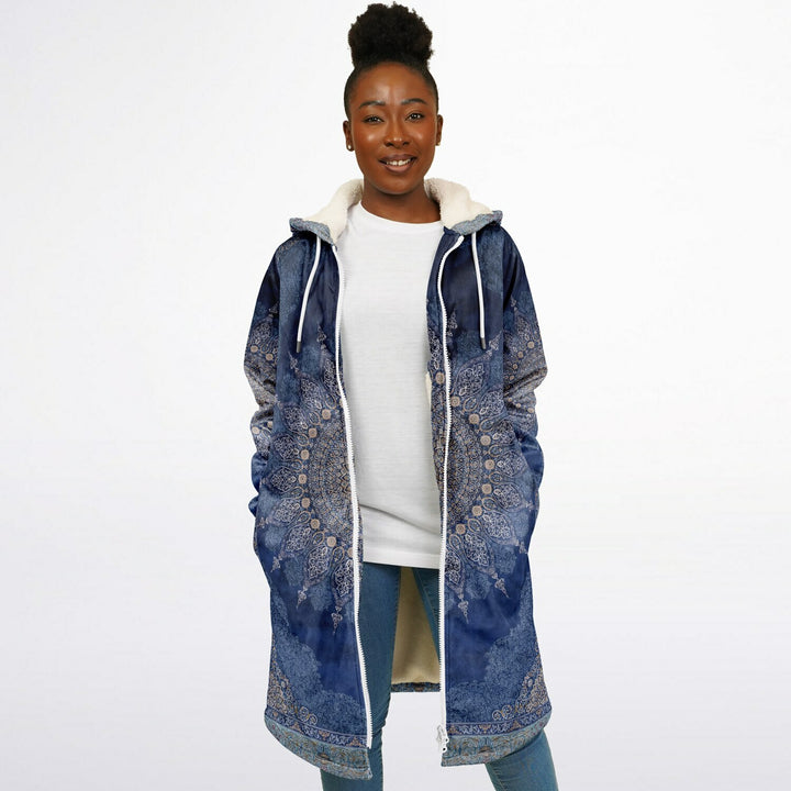 Radial Blue Persian Carpet Cuddle Coat | Unisex Minky Sherpa Lined Coat with Hood, Zipper and Pockets