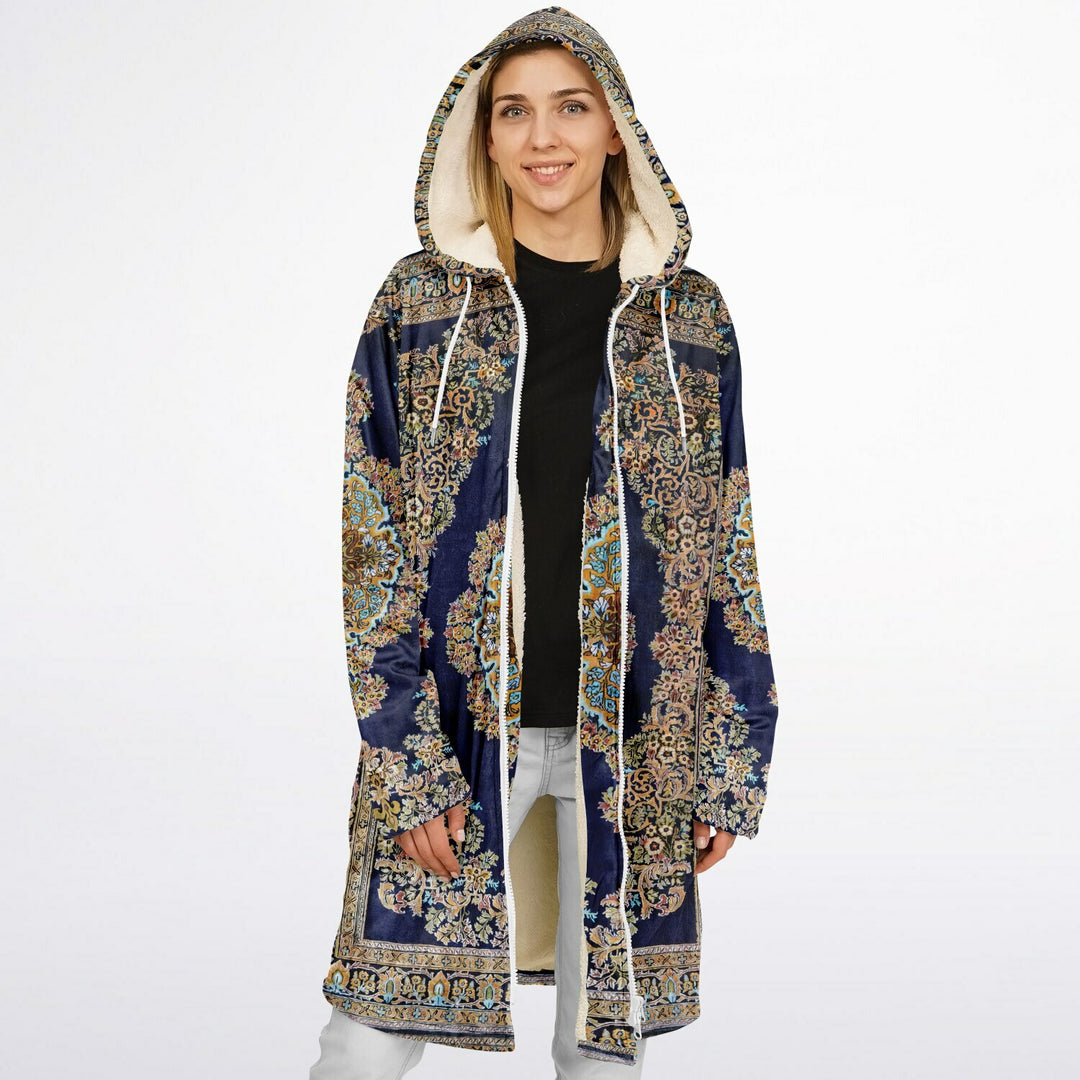 Classic Persian Cuddle Coat | Qom, Blue and Gold | Unisex Minky Sherpa Lined Coat with Hood, Zipper and Pockets