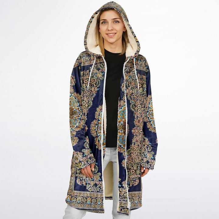 Classic Persian Cuddle Coat | Qom, Blue and Gold | Unisex Minky Sherpa Lined Coat with Hood, Zipper and Pockets