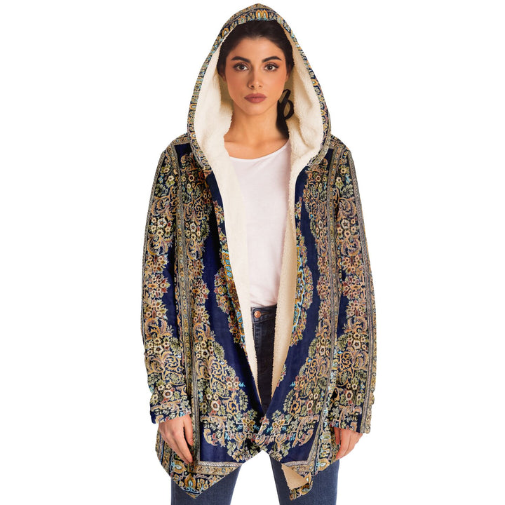 Classic Persian Carpet Cuddle Cloak | Qom, Blue and Gold | Unisex Minky Sherpa Hooded Coat | Women and Mens Festival Coat | Mountain Fashion