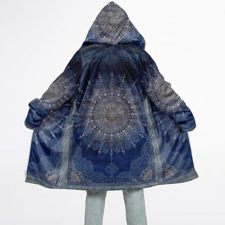 Radial Blue Persian Carpet Cuddle Coat | Unisex Minky Sherpa Lined Coat with Hood, Zipper and Pockets