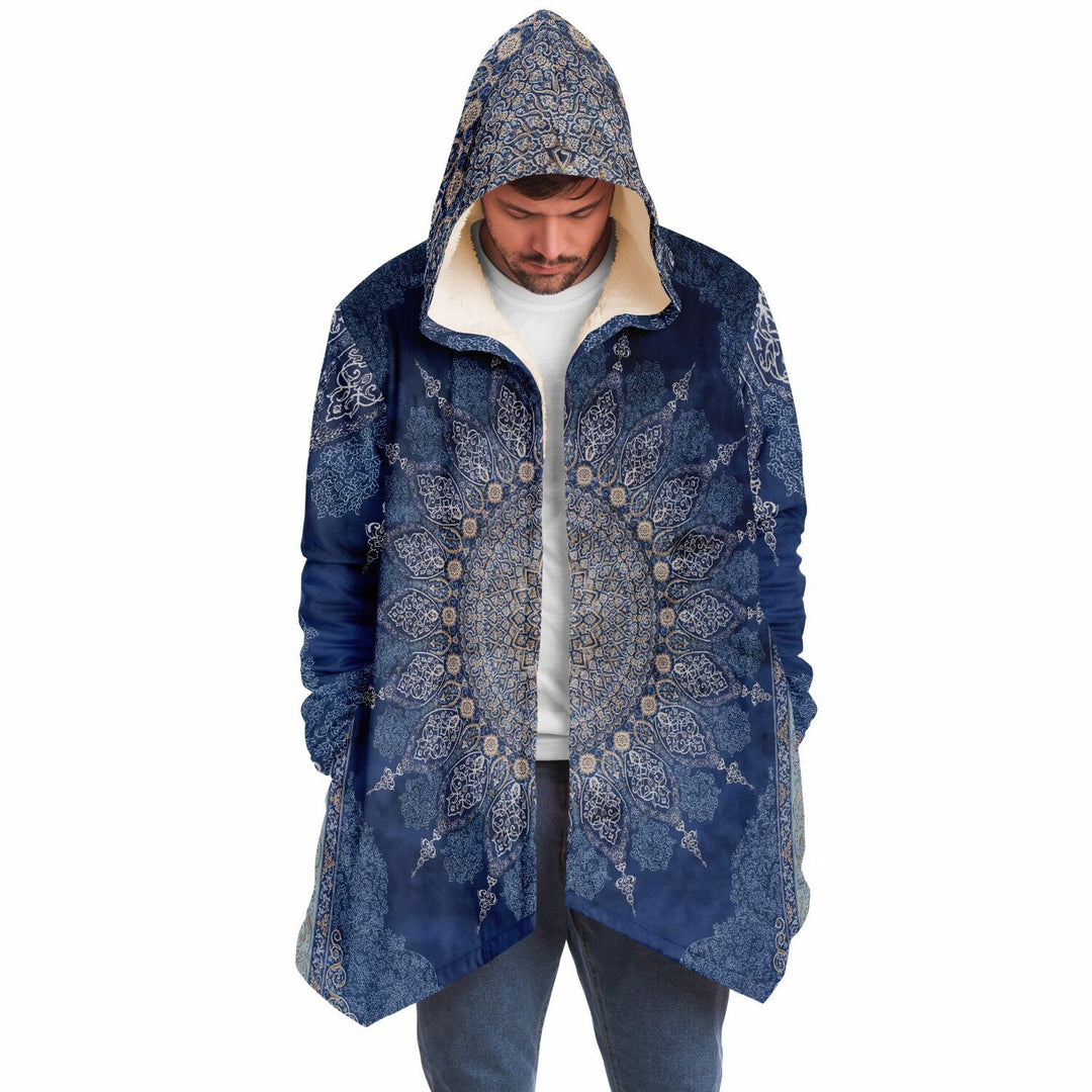 Radial Blue Persian Carpet Cuddle Cloak | Unisex Minky Sherpa Hooded Coat | Women and Mens Festival Coat | Mountain Fashion