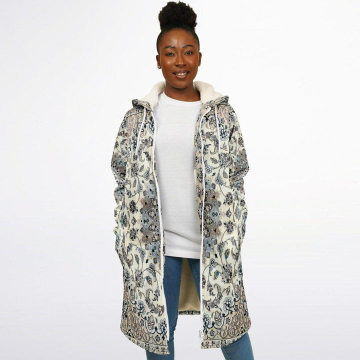 Classic Persian Carpet Cuddle Coat | Nain, Cream and Soft Blue | Unisex Minky Sherpa Lined Coat with Hood, Zipper and Pockets