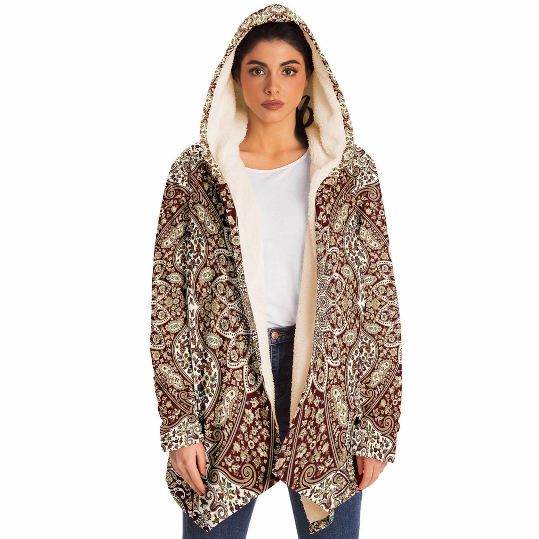 Classic Red Persian Carpet Cuddle Cloak | Unisex Minky Sherpa Lined Hooded Coat | Women and Mens Festival Coat | Mountain Fashion