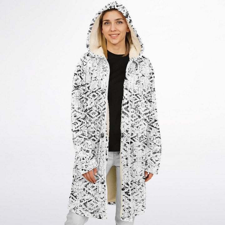 Tribal Fade Cuddle Coat |  Black White | Unisex Minky Sherpa Lined Coat with Hood, Zipper and Pockets