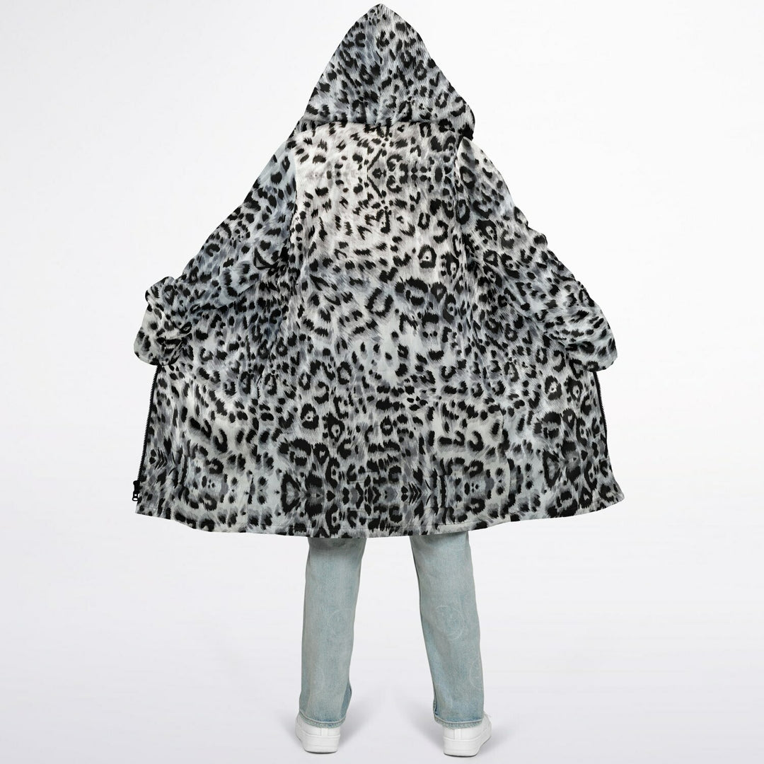 Snow Leopard Cuddle Coat | Unisex Minky Sherpa Lined Coat with Hood, Zipper and Pockets | Women and Mens Festival Coat | Mountain Fashion