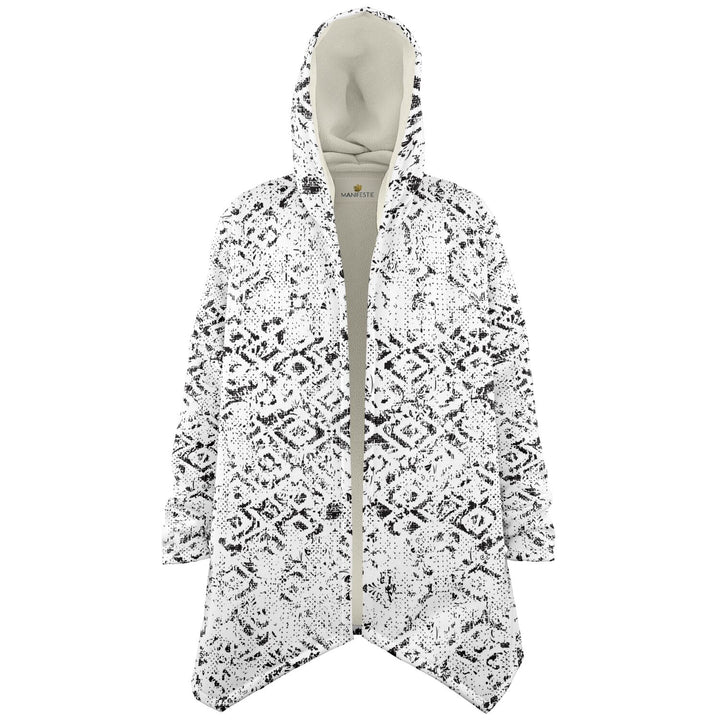 Tribal Fade Cuddle Cloak | Black, White | Unisex Minky Sherpa Hooded Coat | Women and Mens Festival Coat | Mountain Fashion