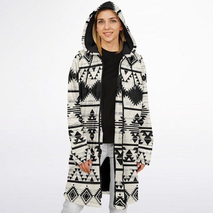 Hawk Eye Tribal Cuddle Coat | Unisex Minky Sherpa Lined Coat with Hood, Zipper and Pockets | Women and Mens Festival Coat | Mountain Fashion