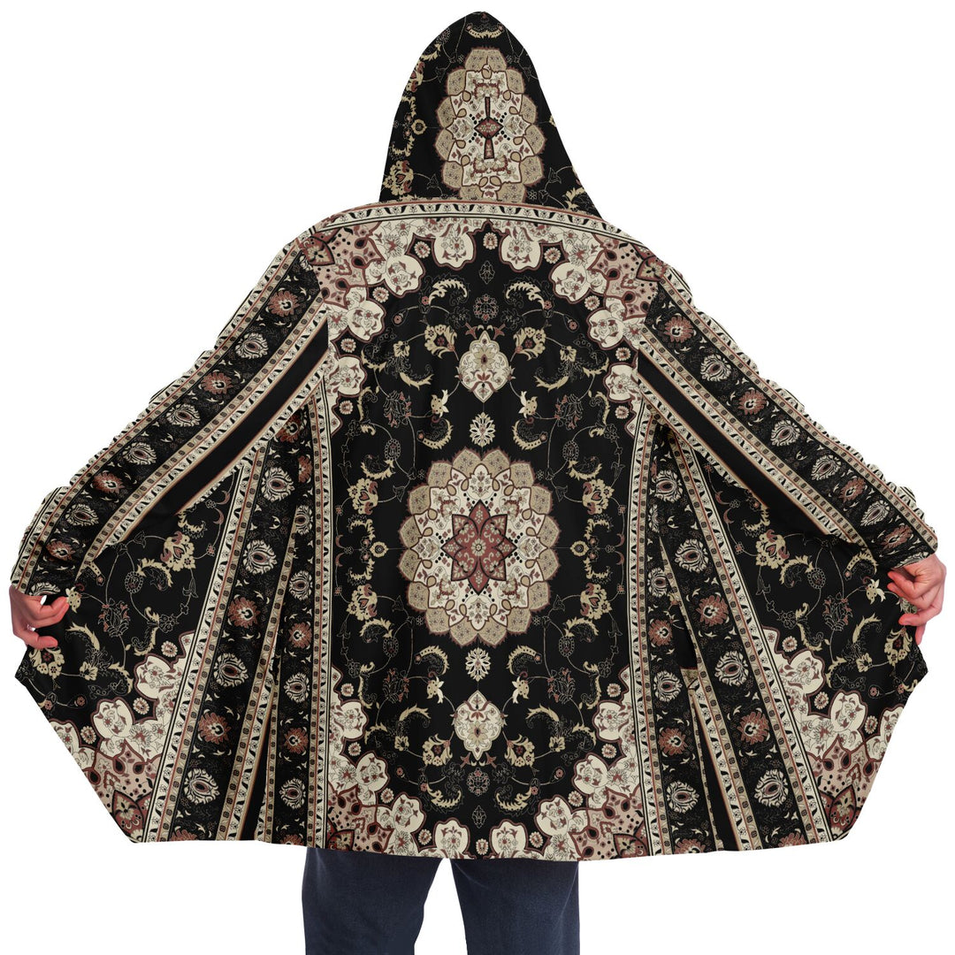 Classic Black Persian Carpet Cuddle Cloak | Unisex Minky Sherpa Lined Hooded Coat | Women and Mens Festival Coat | Mountain Fashion