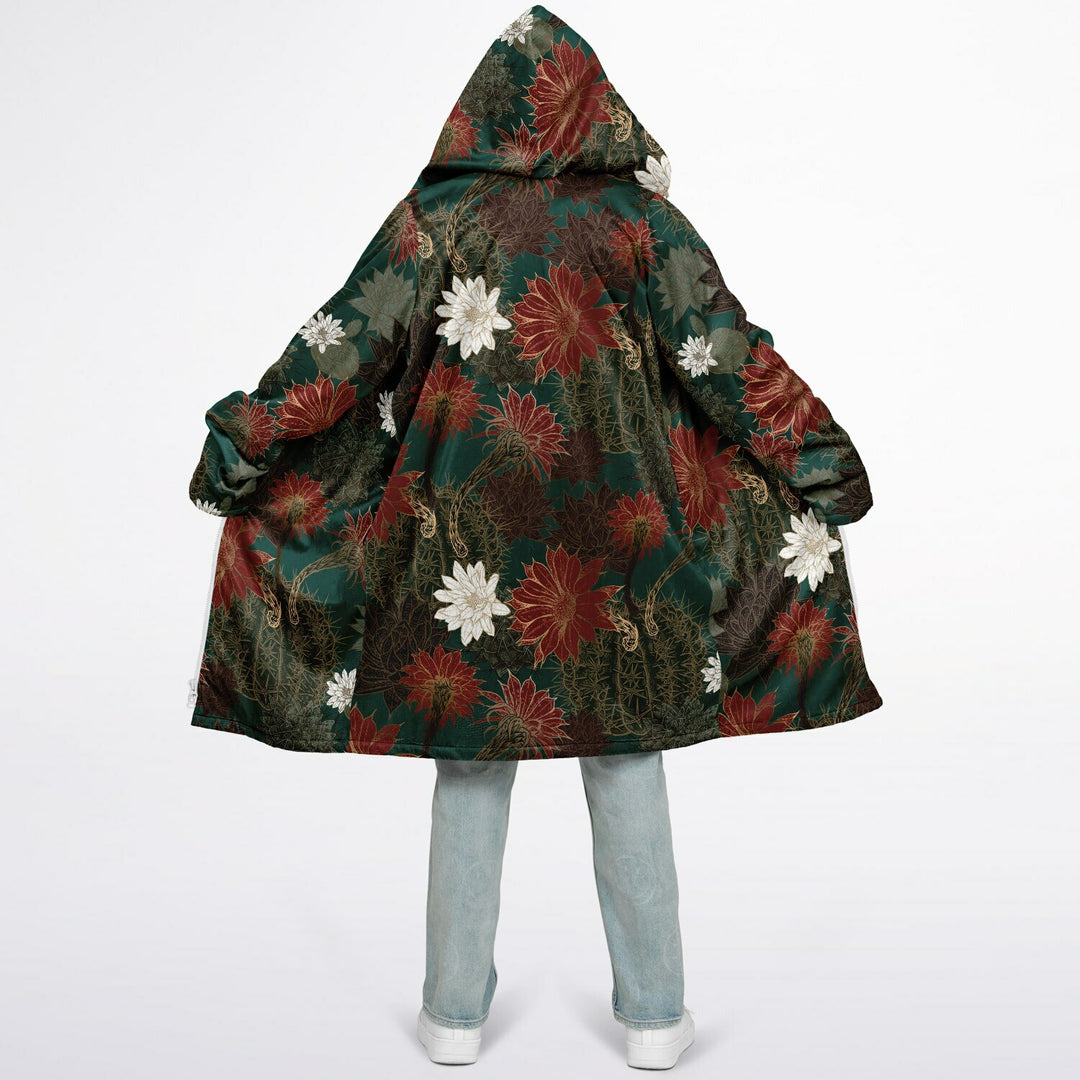 Desert Flowers Carpet Cuddle Coat | Green Red | Unisex Minky Sherpa Lined Coat with Hood, Zipper and Pockets