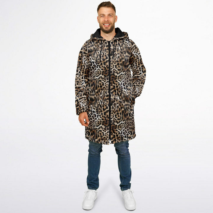 Leopard Print Cuddle Coat | Unisex Minky Sherpa Lined Coat with Hood, Zipper and Pockets