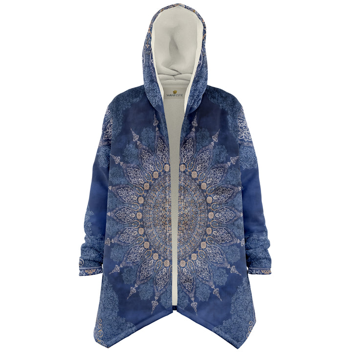 Radial Blue Persian Carpet Cuddle Cloak | Unisex Minky Sherpa Hooded Coat | Women and Mens Festival Coat | Mountain Fashion