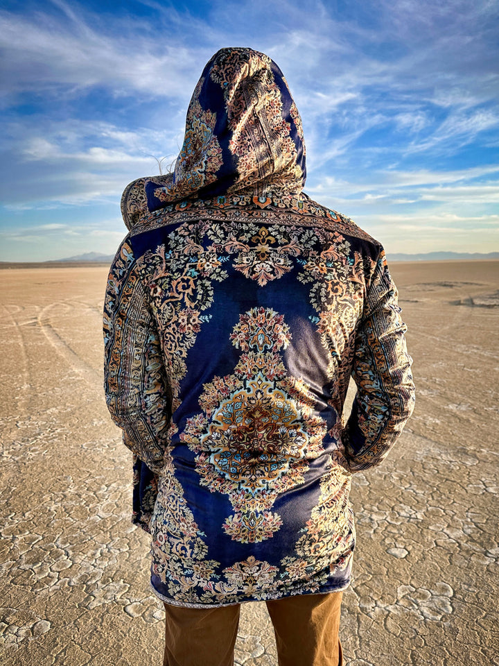 Classic Persian Carpet Cuddle Cloak | Qom, Blue and Gold | Unisex Minky Sherpa Hooded Coat | Women and Mens Festival Coat | Mountain Fashion