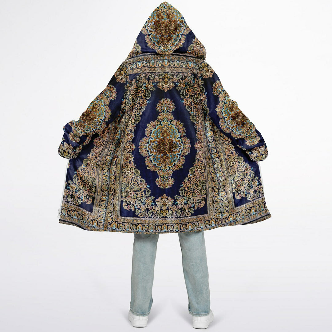 Classic Persian Cuddle Coat | Qom, Blue and Gold | Unisex Minky Sherpa Lined Coat with Hood, Zipper and Pockets