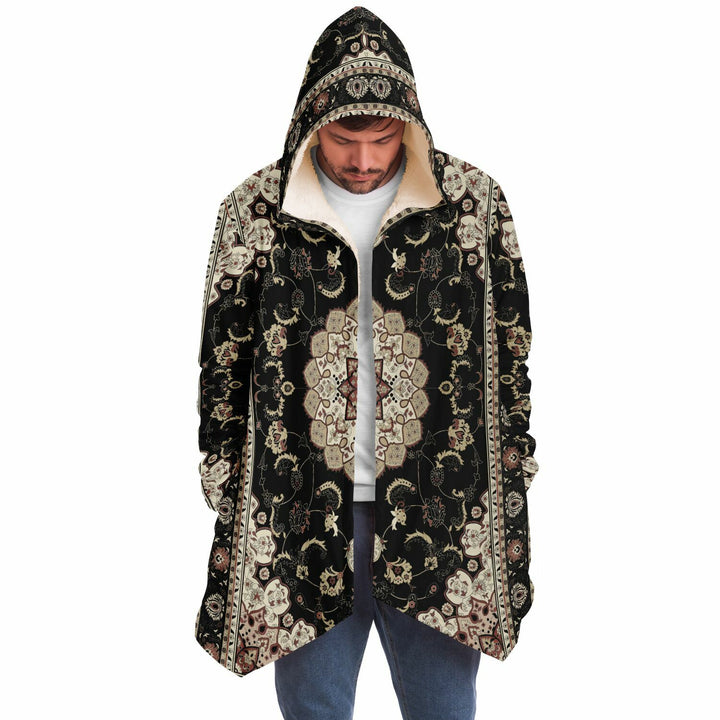 Classic Black Persian Carpet Cuddle Cloak | Unisex Minky Sherpa Lined Hooded Coat | Women and Mens Festival Coat | Mountain Fashion