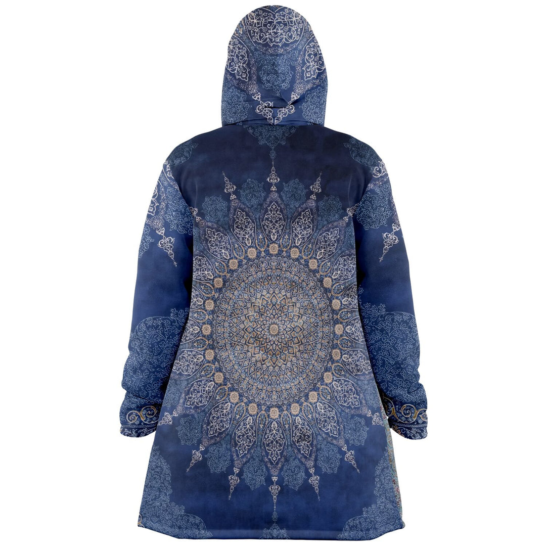 Radial Blue Persian Carpet Cuddle Cloak | Unisex Minky Sherpa Hooded Coat | Women and Mens Festival Coat | Mountain Fashion