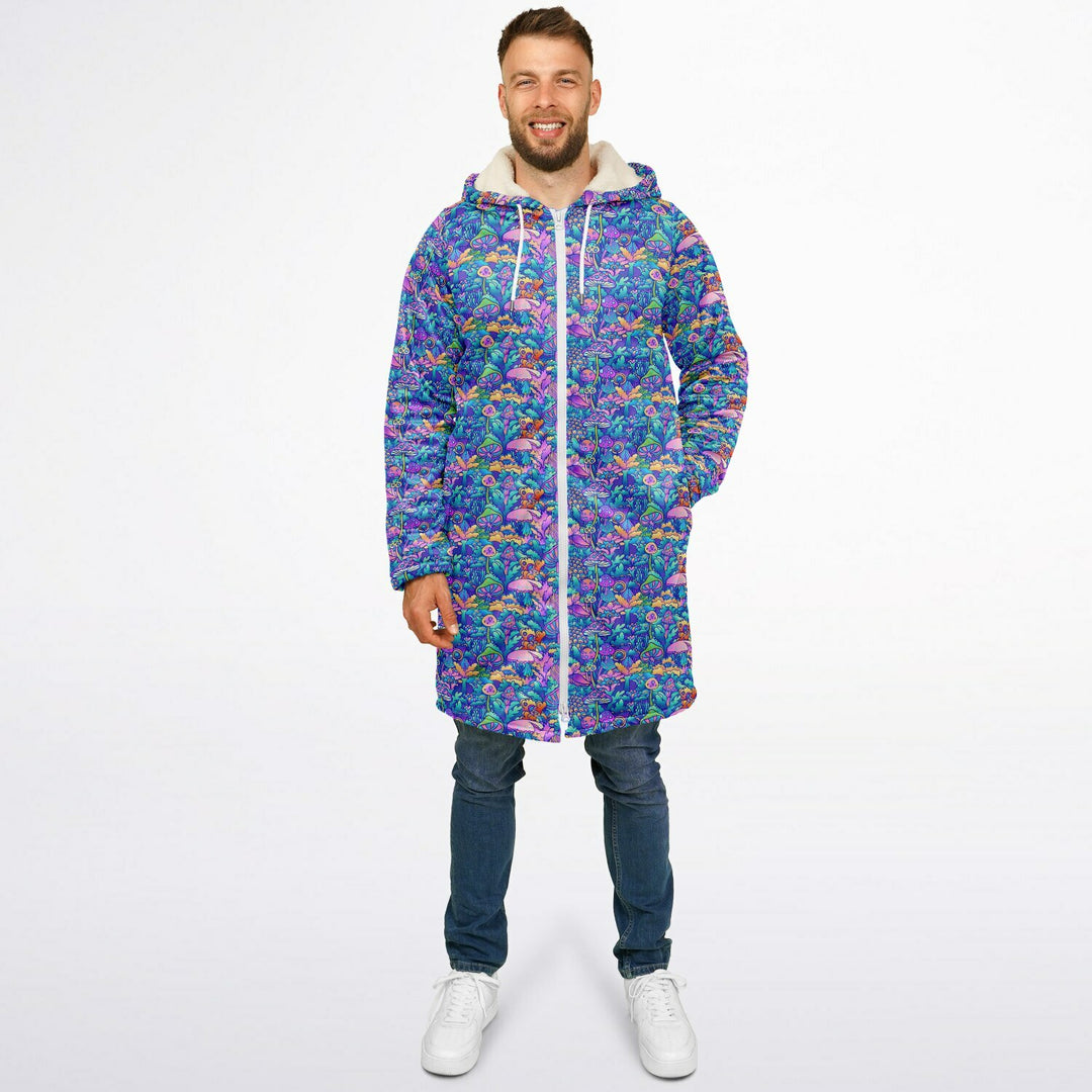 Psychedelic Mushrooms Cuddle Coat | Unisex Minky Sherpa Lined Coat with Hood, Zipper and Pockets