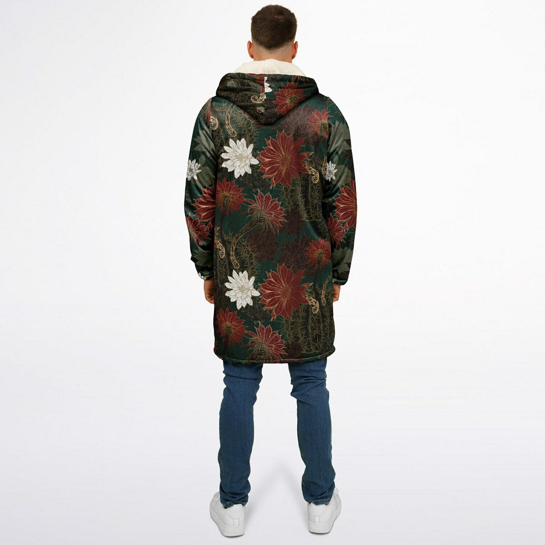 Desert Flowers Carpet Cuddle Coat | Green Red | Unisex Minky Sherpa Lined Coat with Hood, Zipper and Pockets