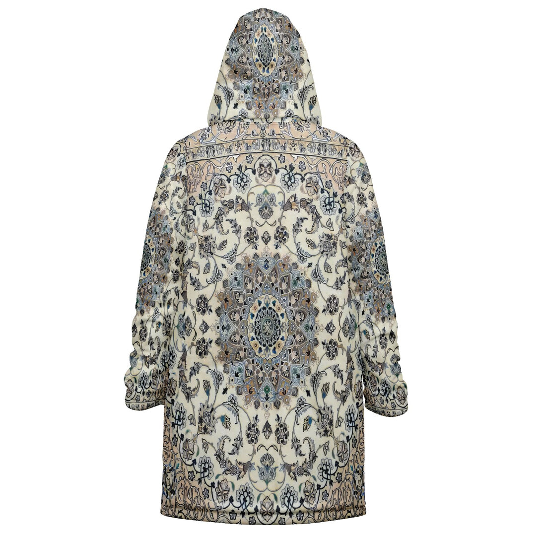 Classic Persian Carpet Cuddle Coat | Nain, Cream and Soft Blue | Unisex Minky Sherpa Lined Coat with Hood, Zipper and Pockets