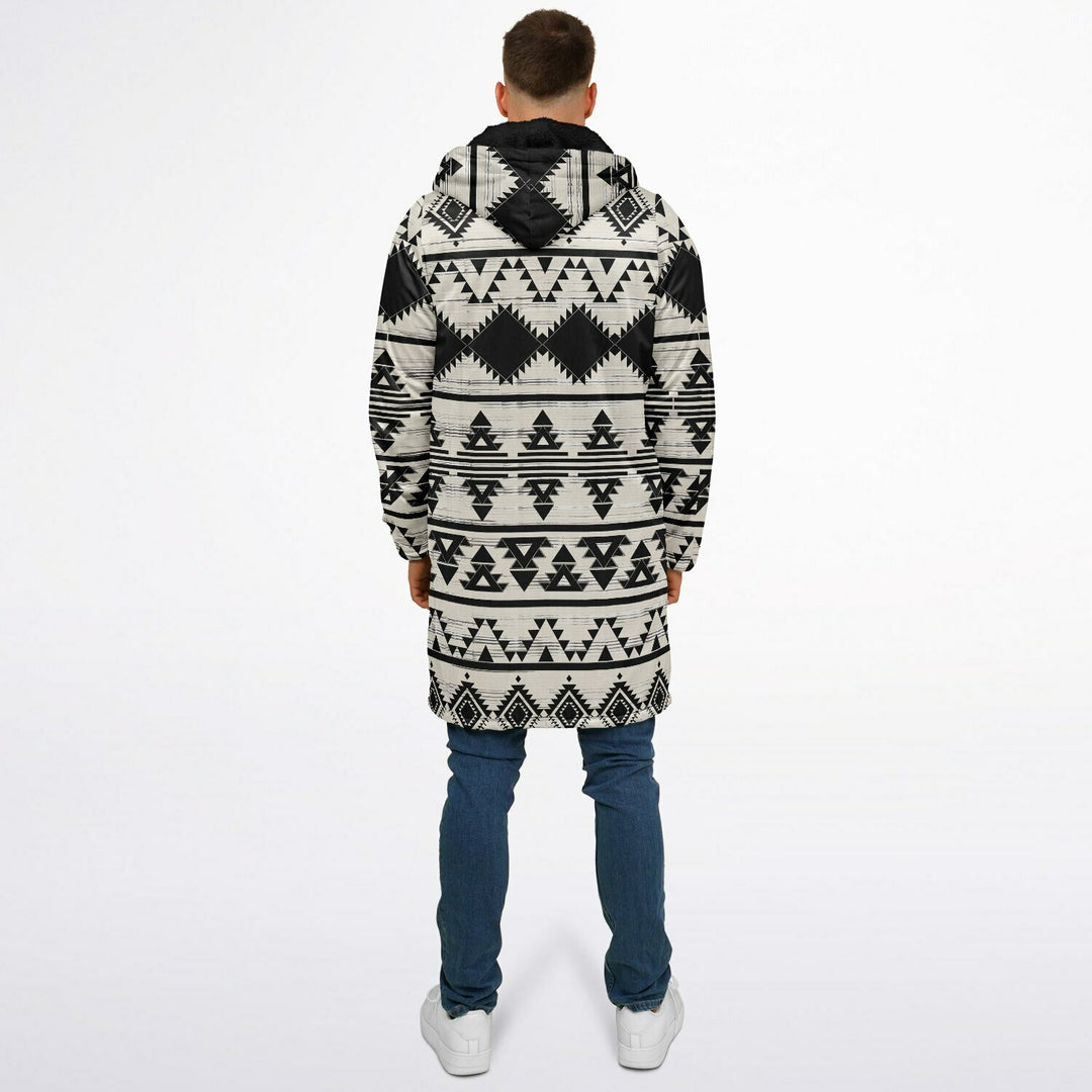 Hawk Eye Tribal Cuddle Coat | Unisex Minky Sherpa Lined Coat with Hood, Zipper and Pockets | Women and Mens Festival Coat | Mountain Fashion