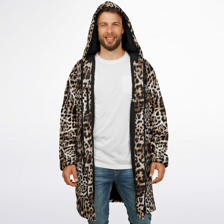 Leopard Print Cuddle Coat | Unisex Minky Sherpa Lined Coat with Hood, Zipper and Pockets