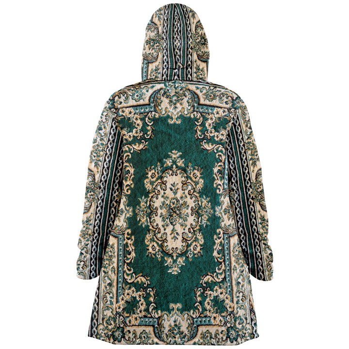 Emerald Green Persian Carpet Cuddle Cloak | Unisex Minky Sherpa Hooded Coat | Women and Mens Festival Coat | Mountain Fashion