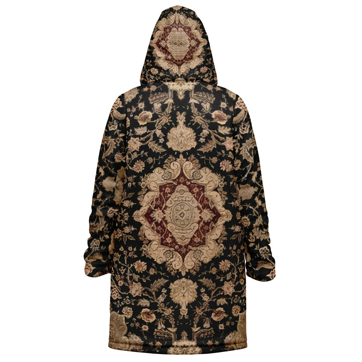 Black and Brown Persian Carpet Cuddle Coat | Unisex Minky Sherpa Lined Coat with Hood, Zipper and Pockets