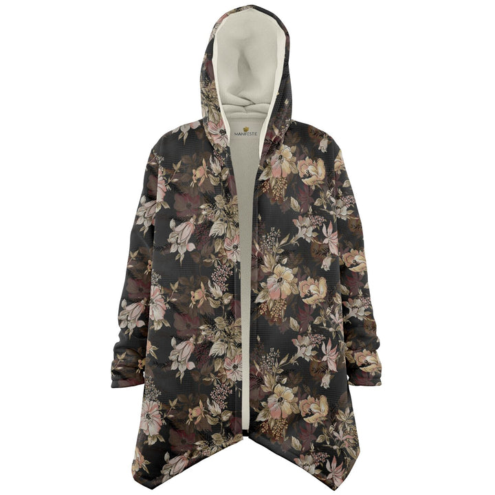 Floral Cuddle Cloak | Beige, Brown, Cream | Unisex Minky Sherpa Hooded Coat | Women and Mens Festival Coat | Mountain Fashion