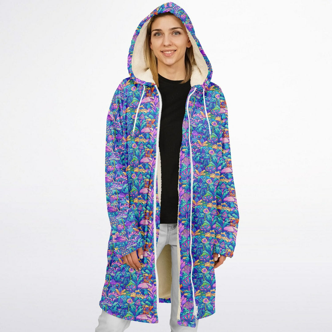 Psychedelic Mushrooms Cuddle Coat | Unisex Minky Sherpa Lined Coat with Hood, Zipper and Pockets