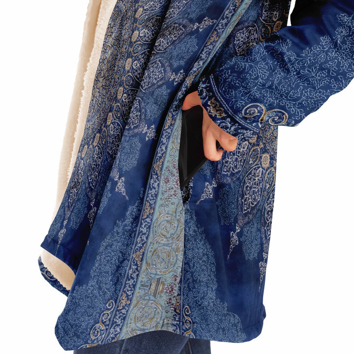 Radial Blue Persian Carpet Cuddle Cloak | Unisex Minky Sherpa Hooded Coat | Women and Mens Festival Coat | Mountain Fashion