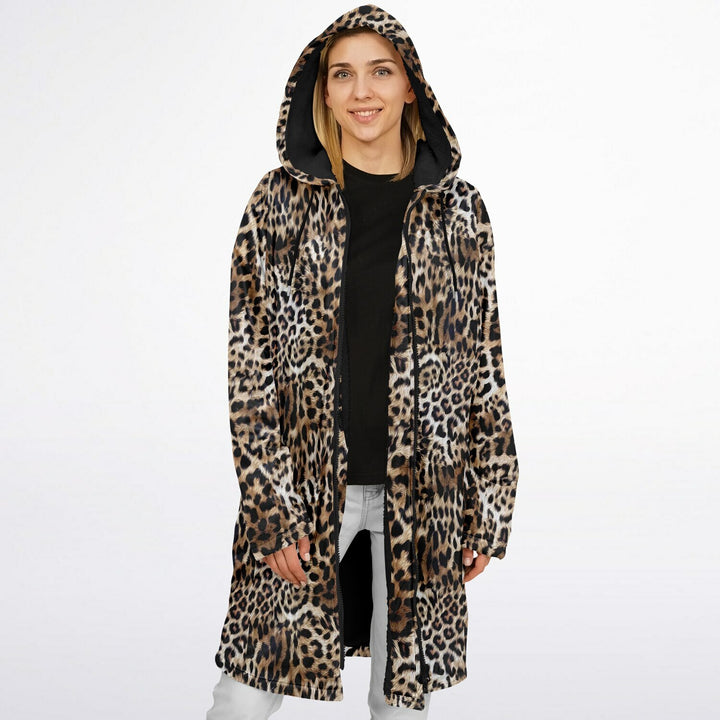 Leopard Print Cuddle Coat | Unisex Minky Sherpa Lined Coat with Hood, Zipper and Pockets