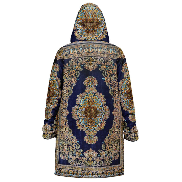 Classic Persian Cuddle Coat | Qom, Blue and Gold | Unisex Minky Sherpa Lined Coat with Hood, Zipper and Pockets