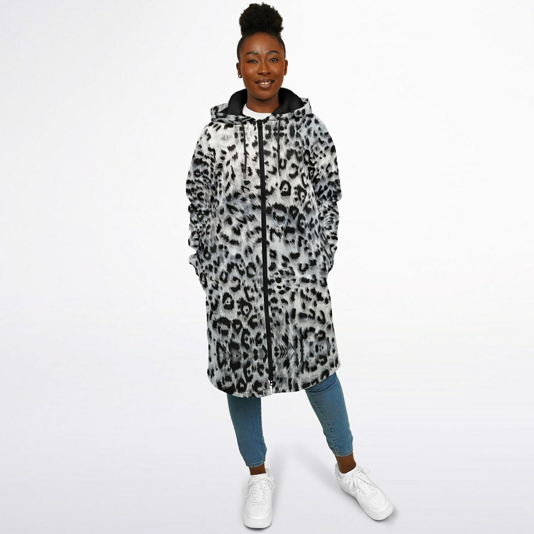 Snow Leopard Cuddle Coat | Unisex Minky Sherpa Lined Coat with Hood, Zipper and Pockets | Women and Mens Festival Coat | Mountain Fashion