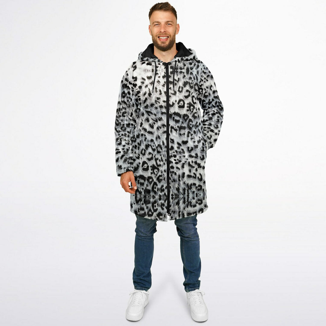 Snow Leopard Cuddle Coat | Unisex Minky Sherpa Lined Coat with Hood, Zipper and Pockets | Women and Mens Festival Coat | Mountain Fashion