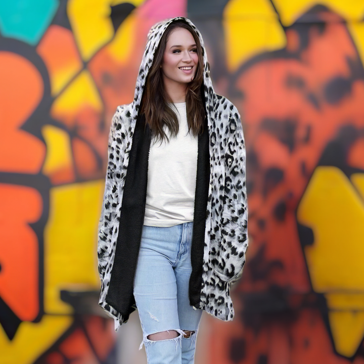 Snow Leopard Cuddle Cloak | Unisex Minky Sherpa Lined Hooded Coat