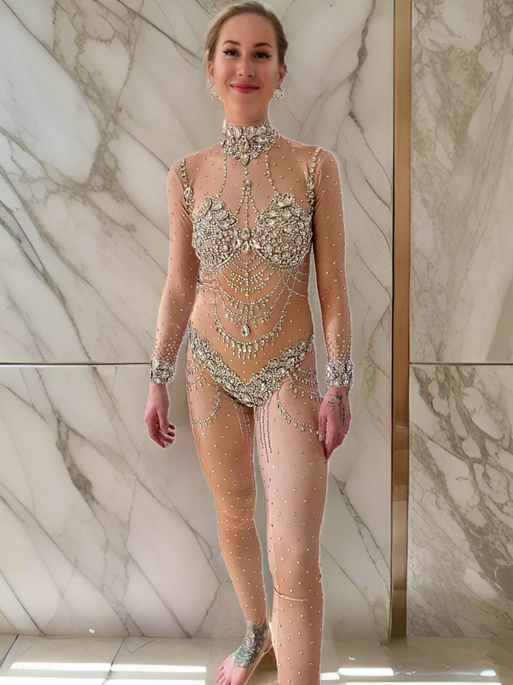 Jasmine Rhinestone Jumpsuit / Silver Diamond Bodysuit / Festival Outfit / Crystal Catsuit / Burning Man / Stage Costume