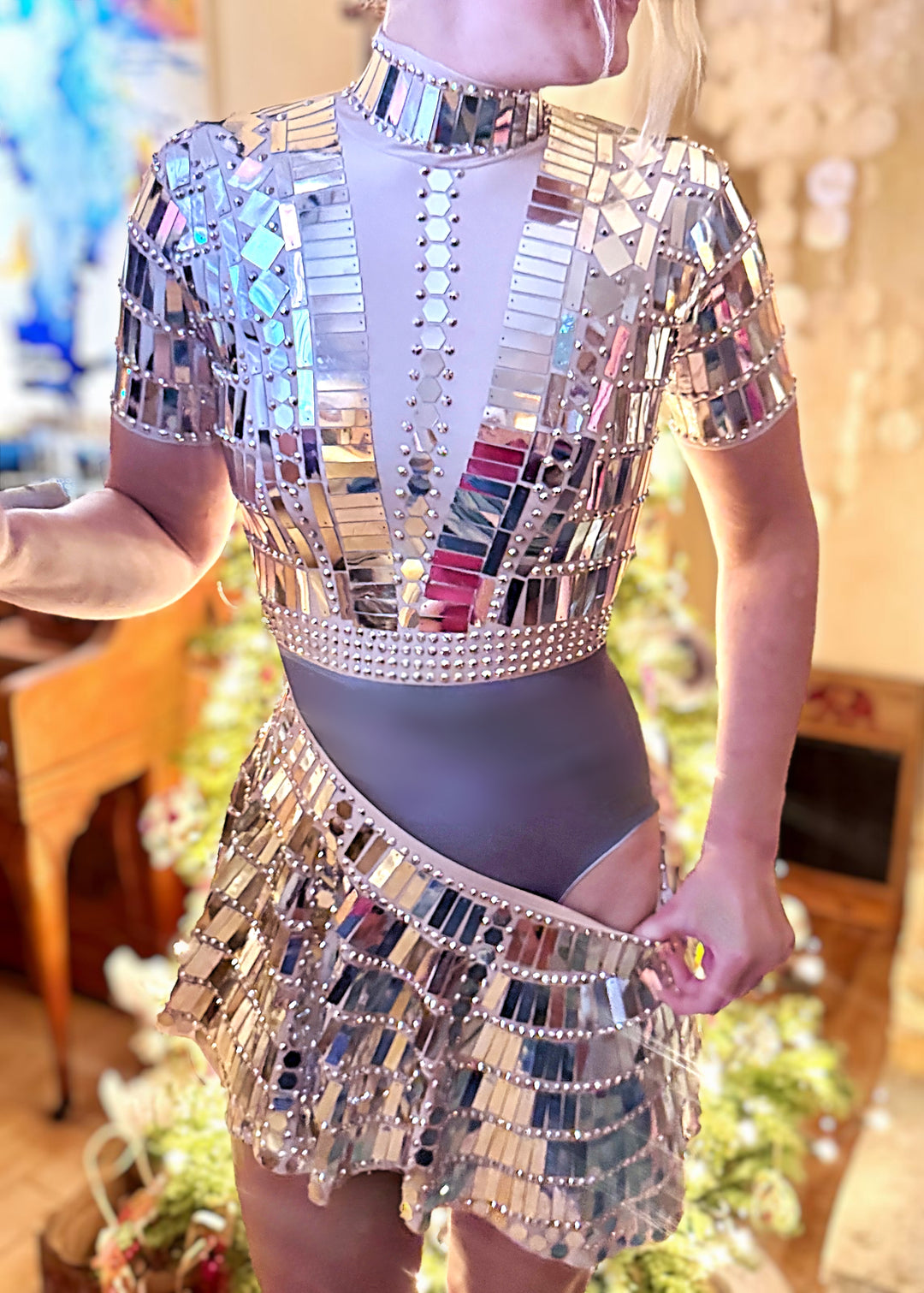 Electra Reflective Sequins Party Dress, Silver leotard & skirt, Futuristic Reflective Festival Outfit, Disco Dance Costume, Mirror Bodysuit